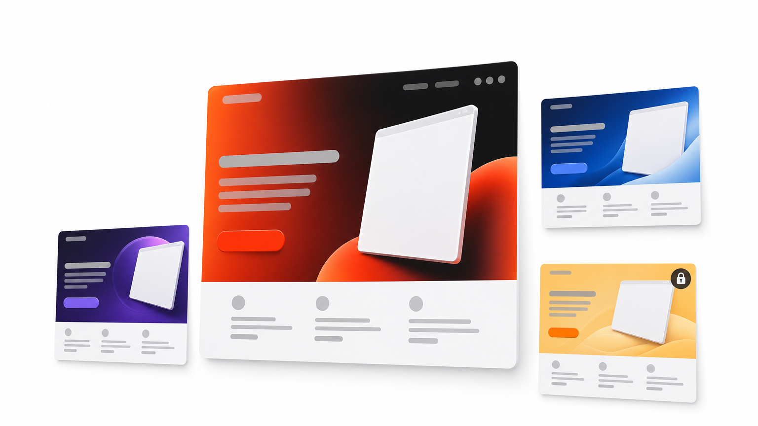 A grid of four landing page thumbnails, each with a hero block and button, where one card shows a small padlock icon.