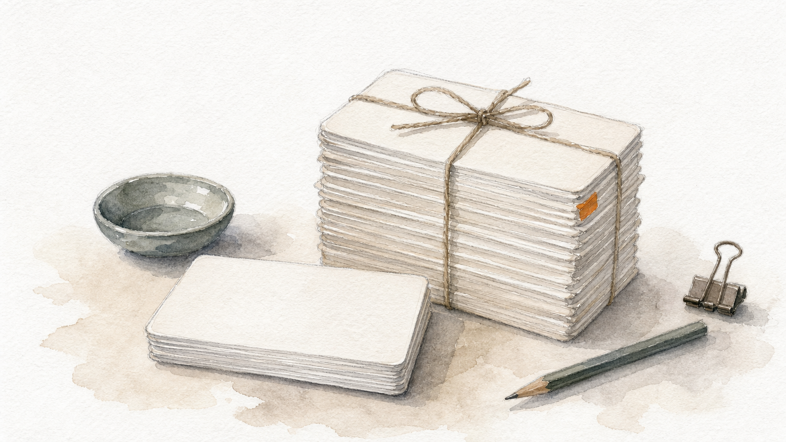 A short stack of blank cards beside a taller stack of cards bound with string, representing growing complexity.
