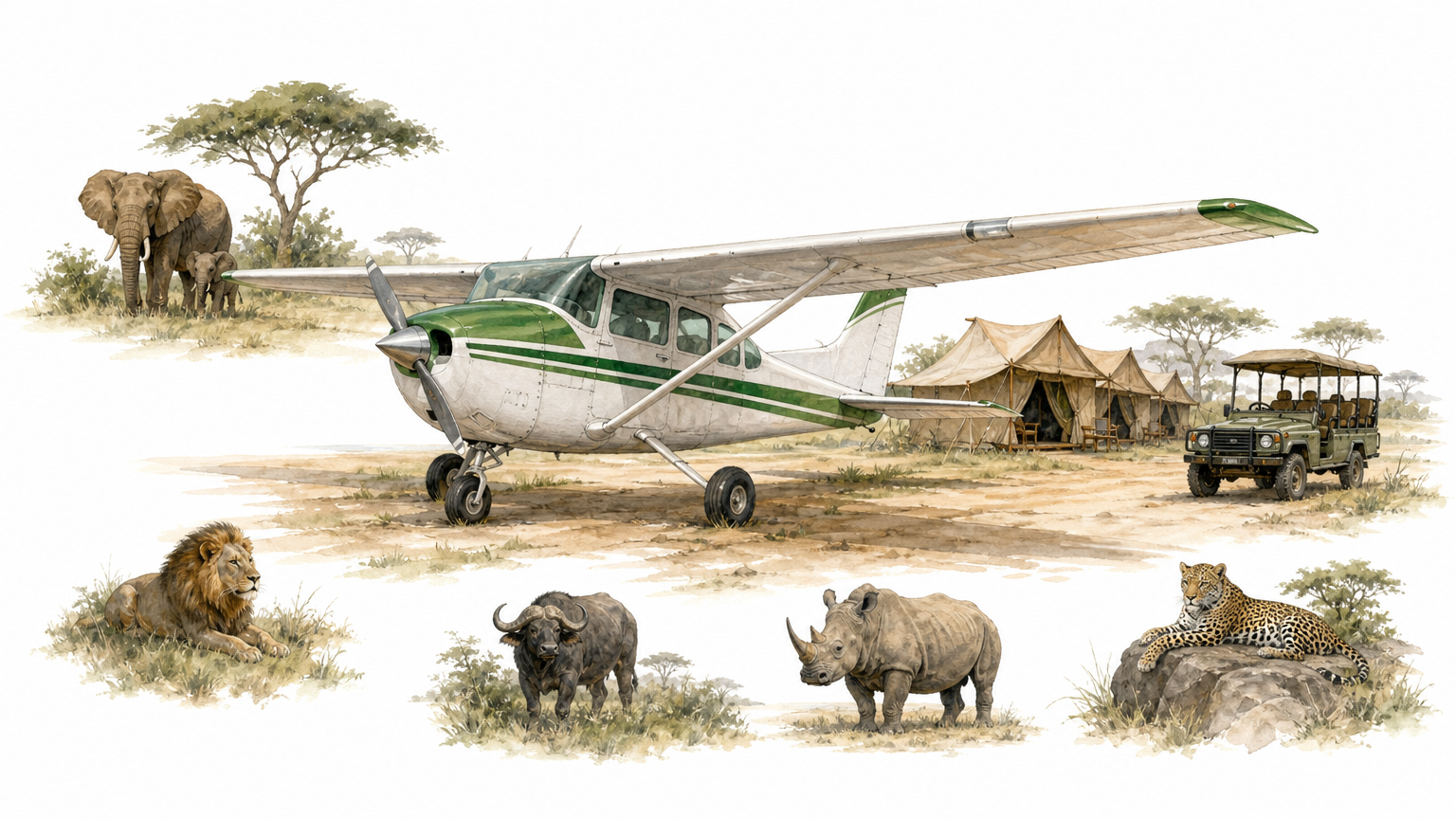 A small plane sits on a dirt airstrip beside a row of canvas safari tents and a game vehicle.