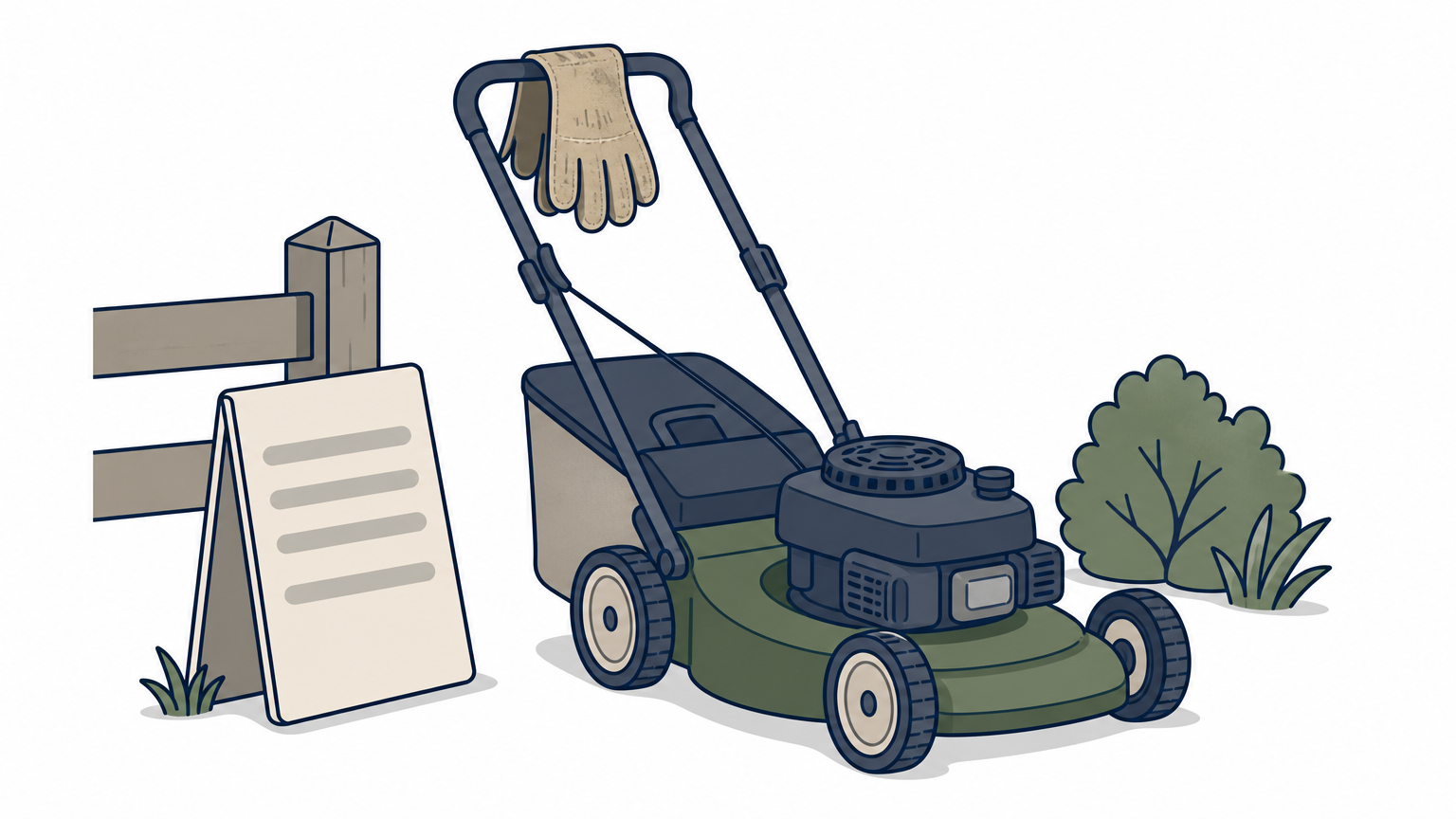 Work gloves rest on a push mower handle beside a leaning yard sign at a lawn edge.