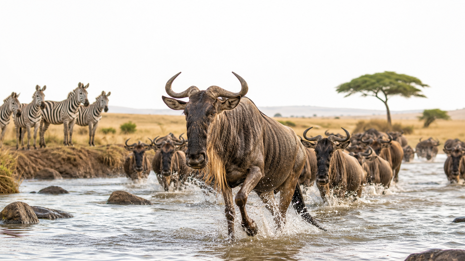 A herd of wildebeest crosses a shallow river while zebras wait on the bank.