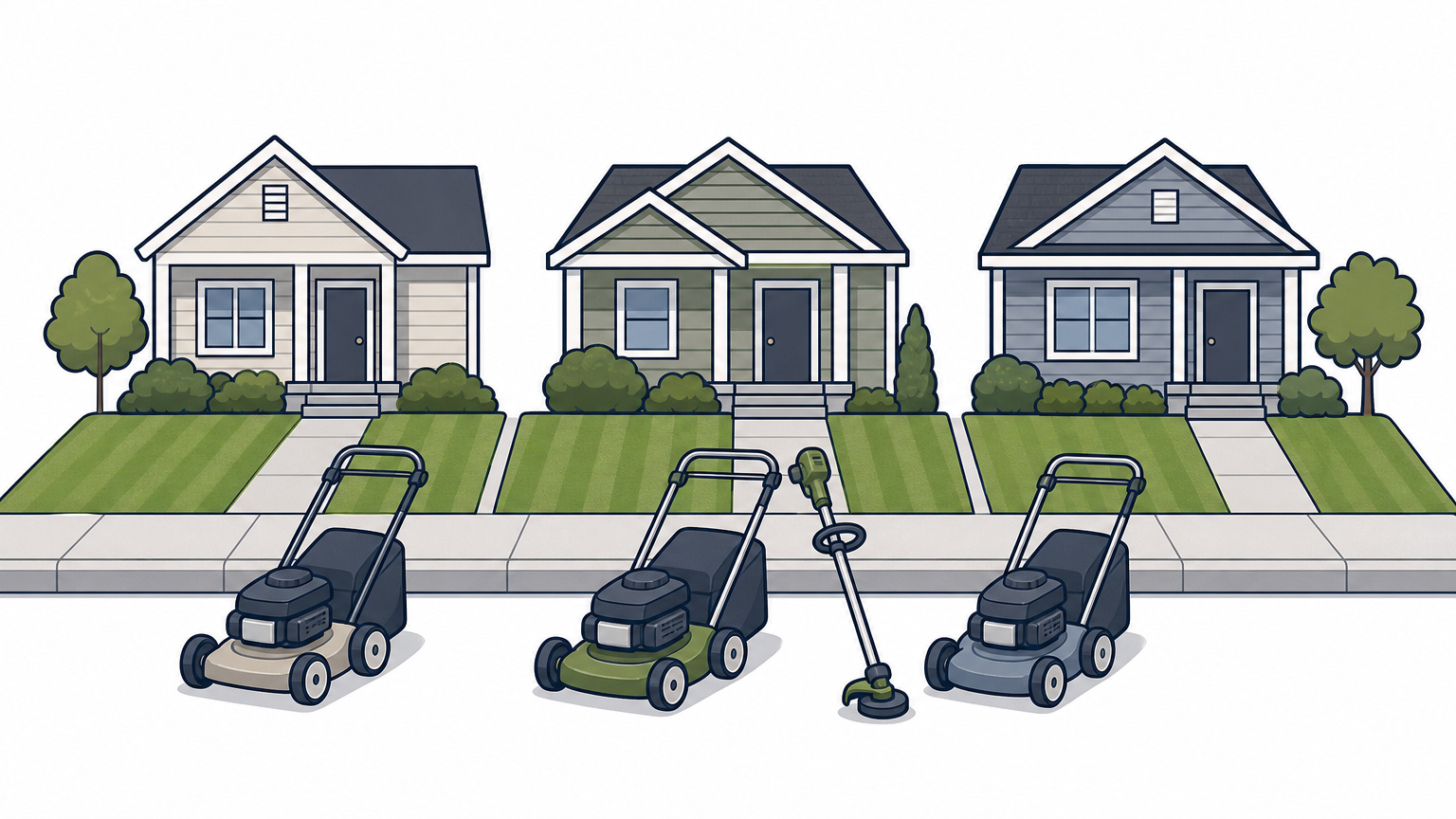 Three mowers sit in a row at the curb in front of three neighboring houses.