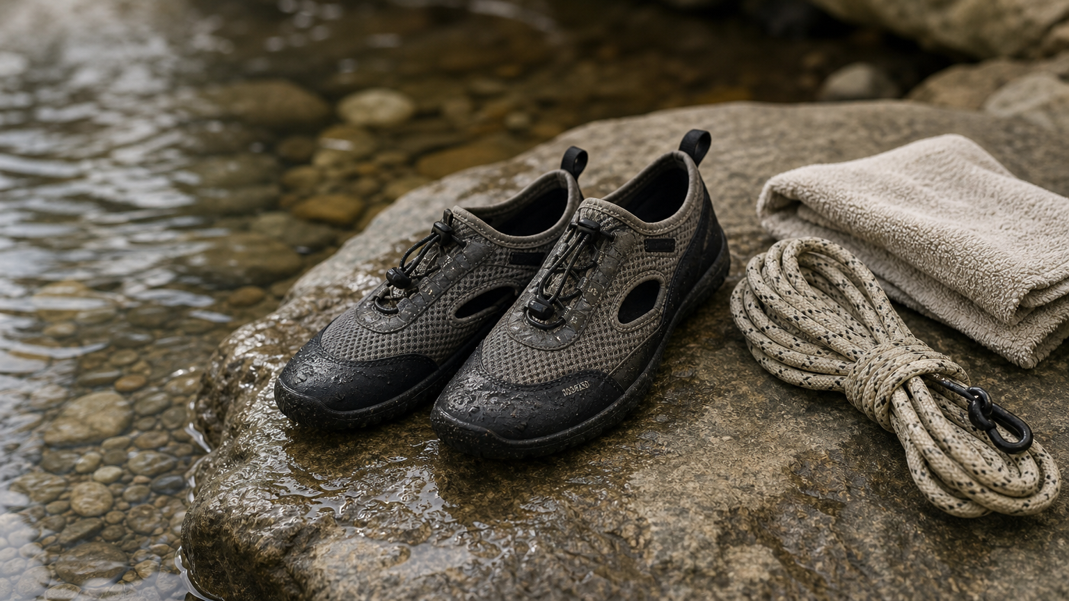 Why Is It Called the Devil's Pool? Origin, Risk, Safety A pair of grippy water shoes rests on a wet rock beside a coiled rope and a folded towel.