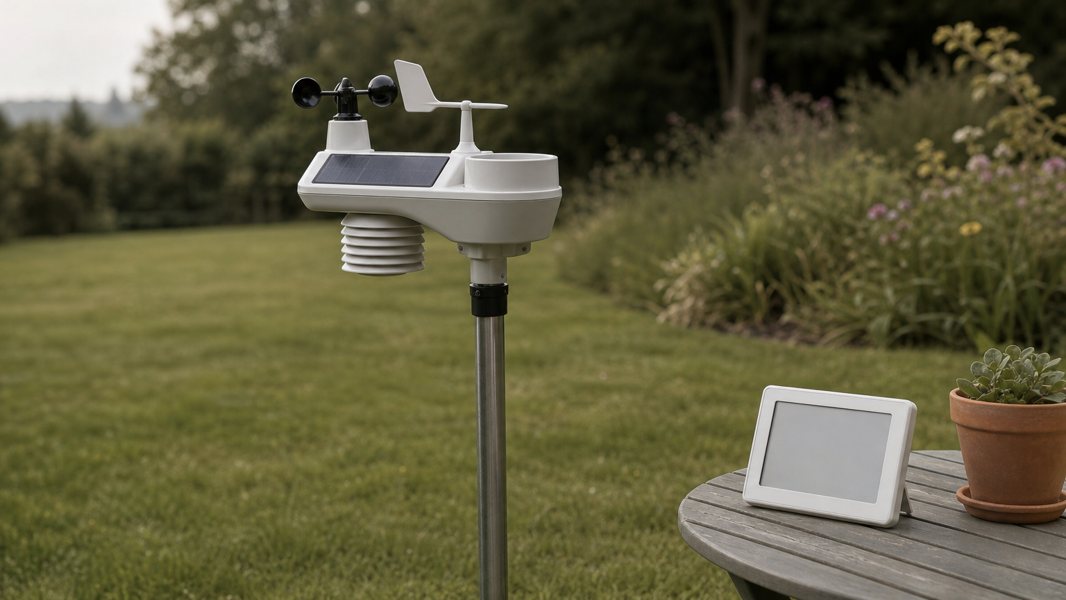 An outdoor weather sensor array with a small solar panel on a pole in an open backyard.