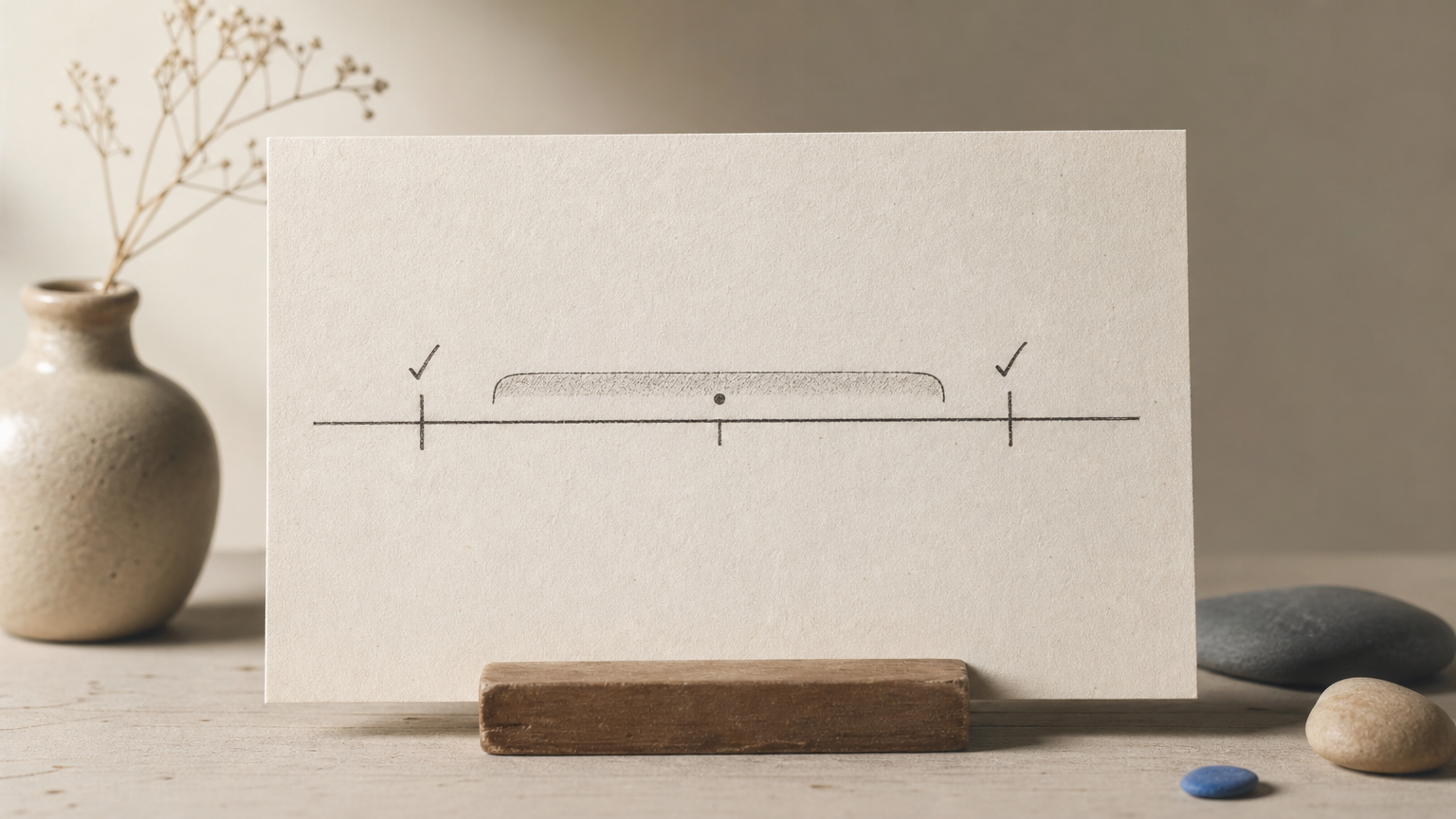 A timeline with two check marks separated by a bracketed gap containing a dot marking an unseen event.