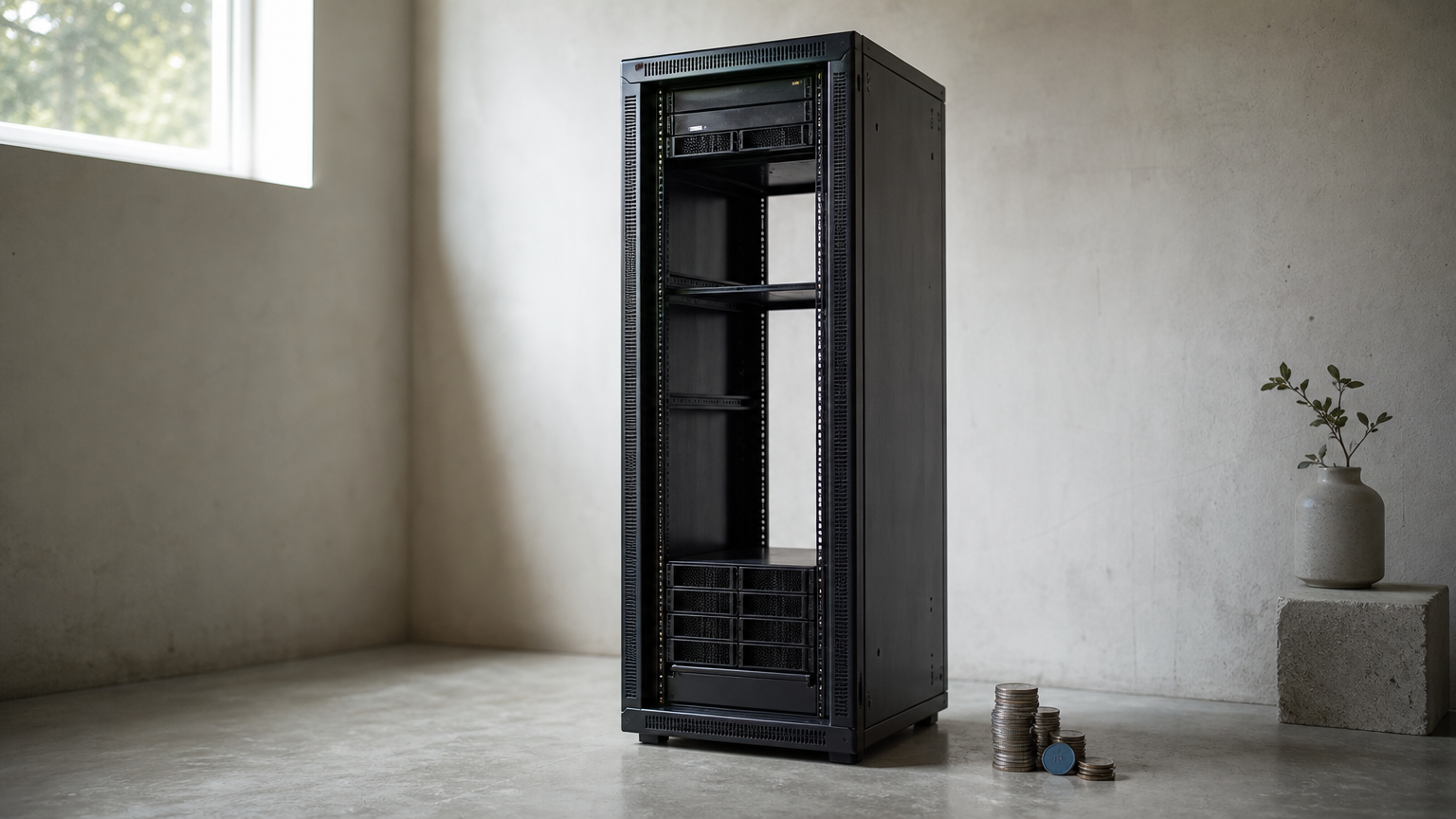 A tall server rack with most of its drive bays empty, with a small stack of coins on the floor beside it.