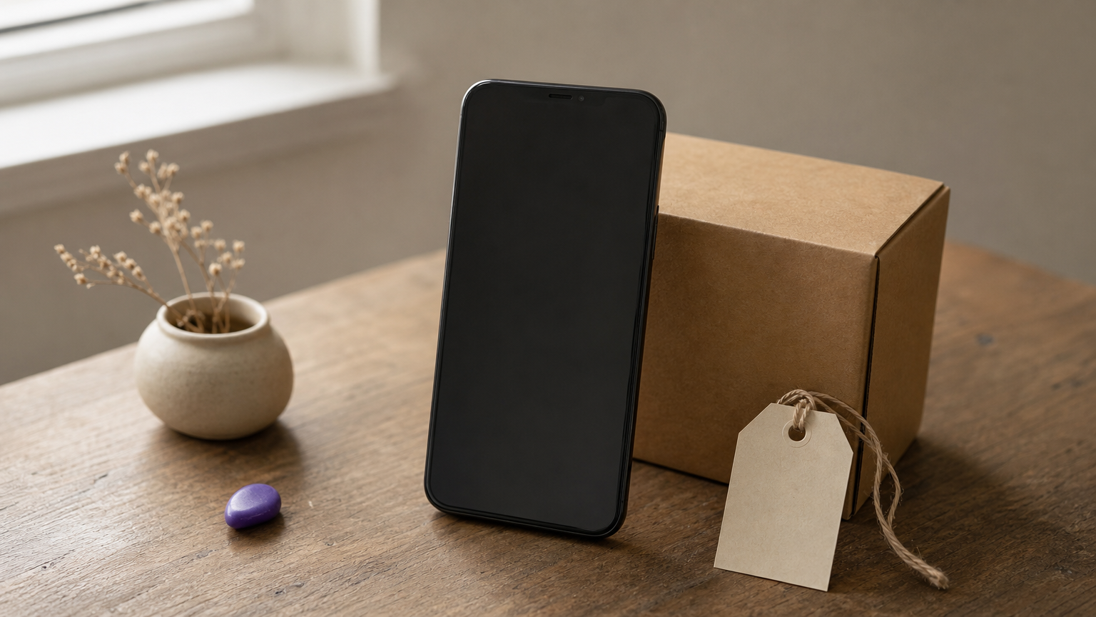 A smartphone on a desk next to a paper price tag tied to a cardboard box.