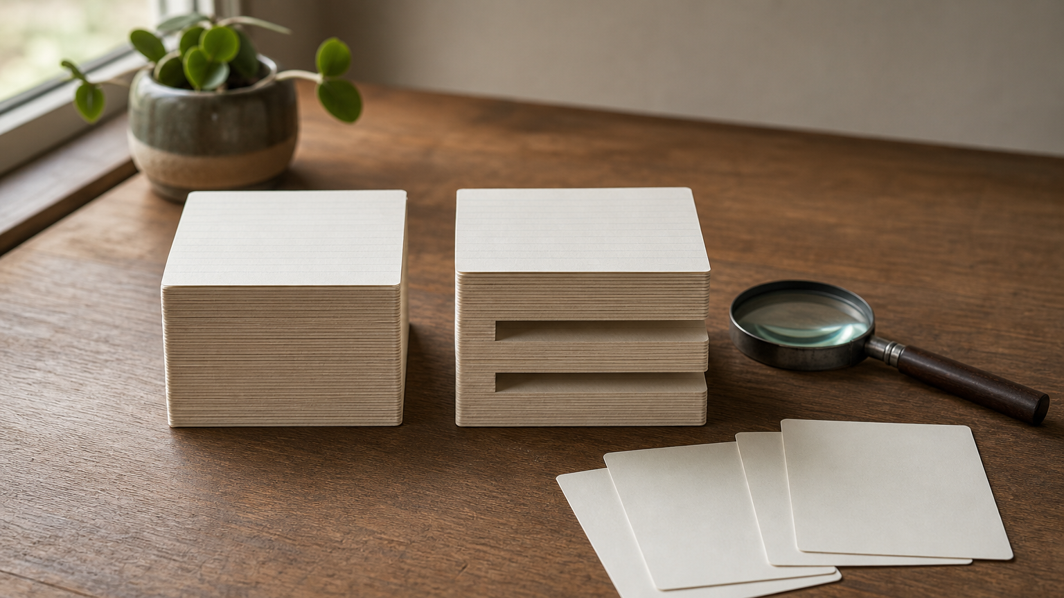 Two card stacks on a table, one with three cards removed and set aside, with a magnifying glass beside it.