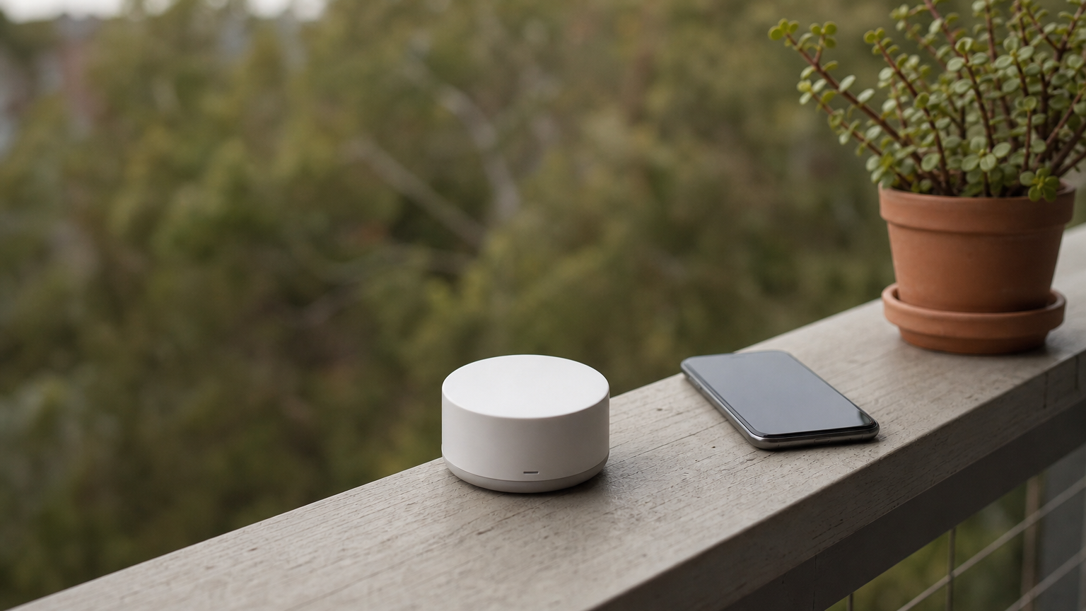 A small puck-shaped weather unit on a balcony railing beside a smartphone.