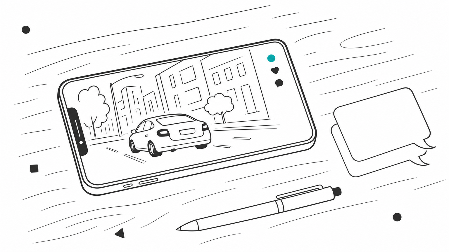 A smartphone displays a frame of a red car beside blank speech bubble cards and a pen on a desk.