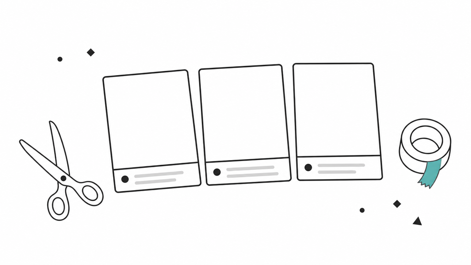 Three identical video template cards in a row with scissors and tape beside them on a table.