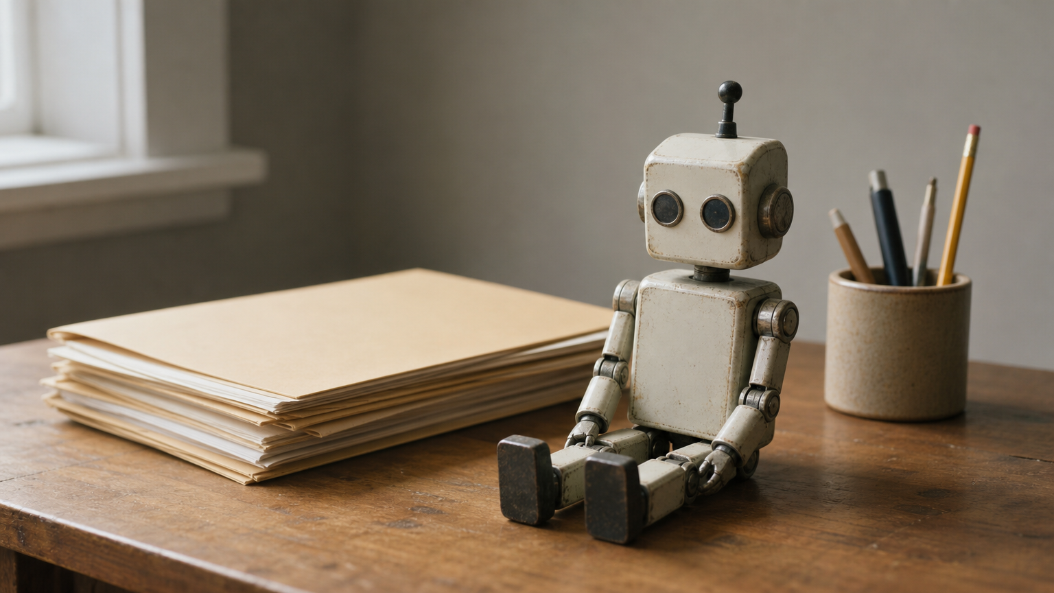 En liten robotfigur ved et skrivebord med en ryddig stabel mapper.