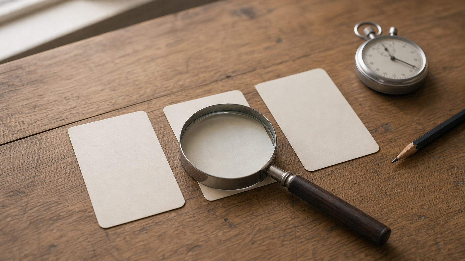 Three candidate profile cards on a desk, one examined under a magnifying glass beside a stopwatch.