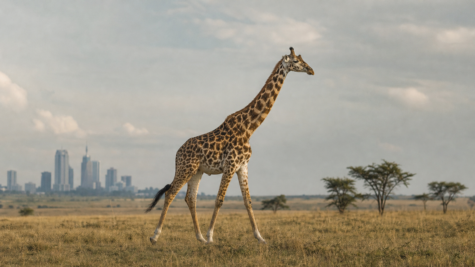 A giraffe crosses open grassland with office towers rising on the horizon behind it.