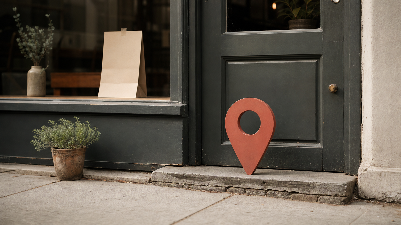 A shop doorway with a map pin on the step and a review card taped to the window.
