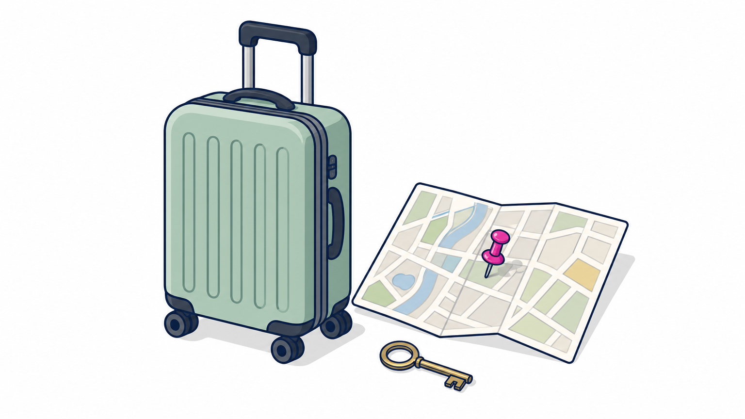 A rolling suitcase stands beside a city map marked with a pushpin.