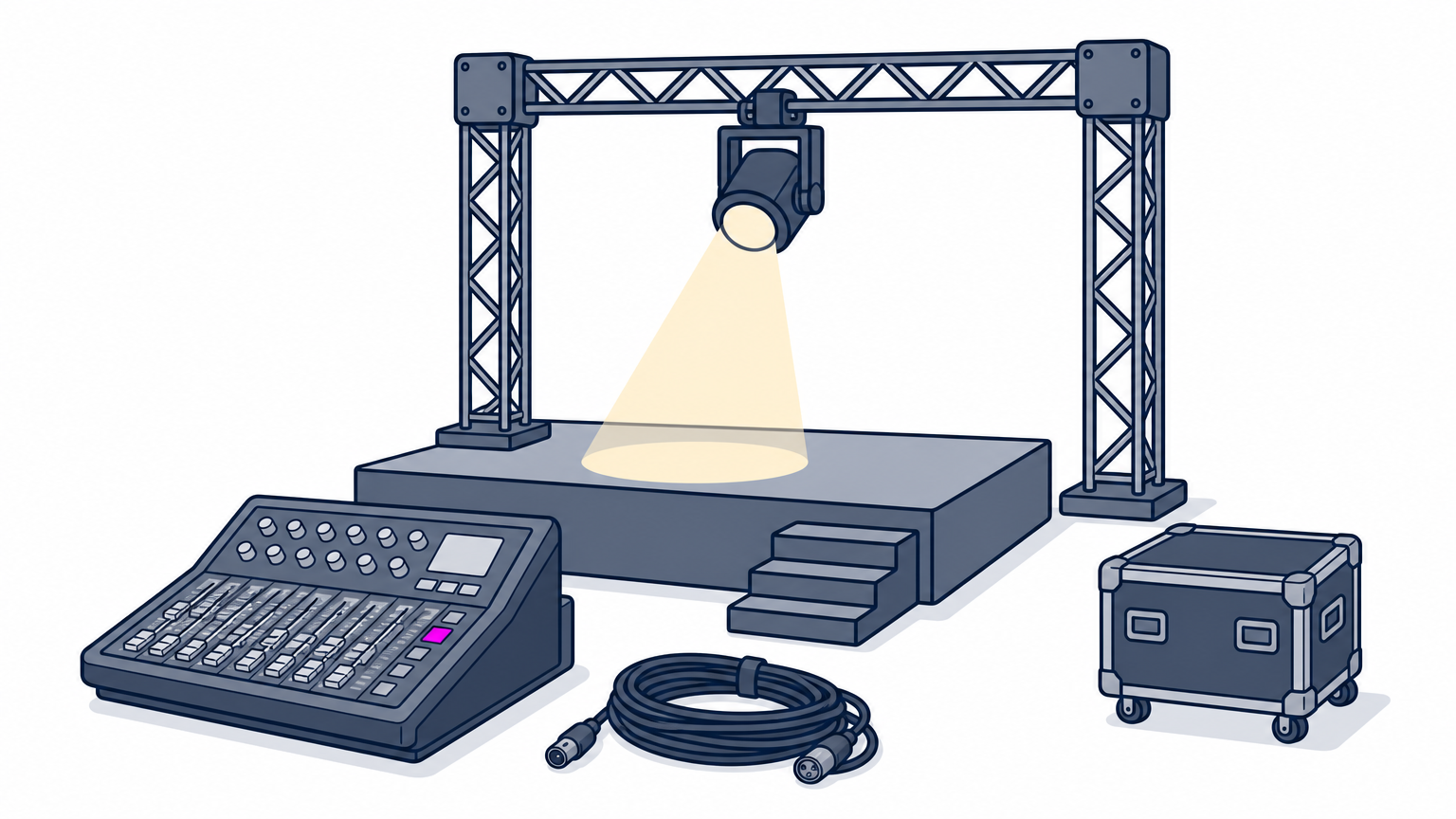 A lit stage truss with a spotlight hangs over a stage, with a mixing console and cables in front.