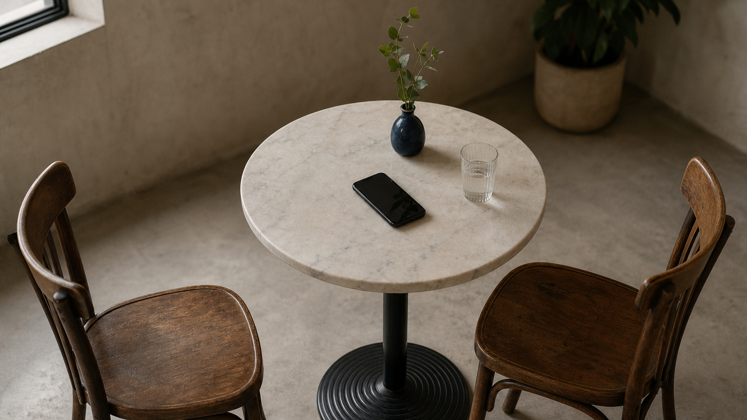 A phone rests on a café table between two empty chairs, set for a face-to-face conversation.