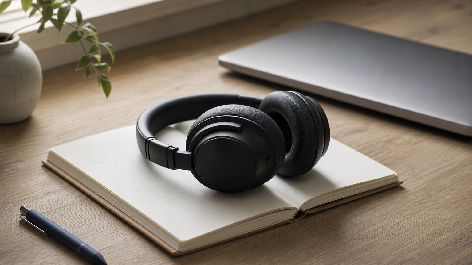 Headphones rest on an open notebook beside a closed laptop, ready for listening to spoken translation.