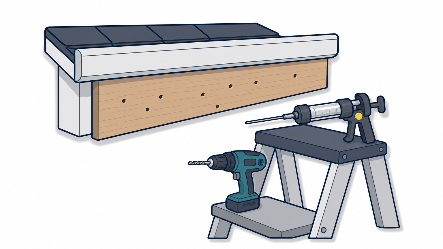 A wooden fascia board with small drilled holes and an injection tool resting beside it.