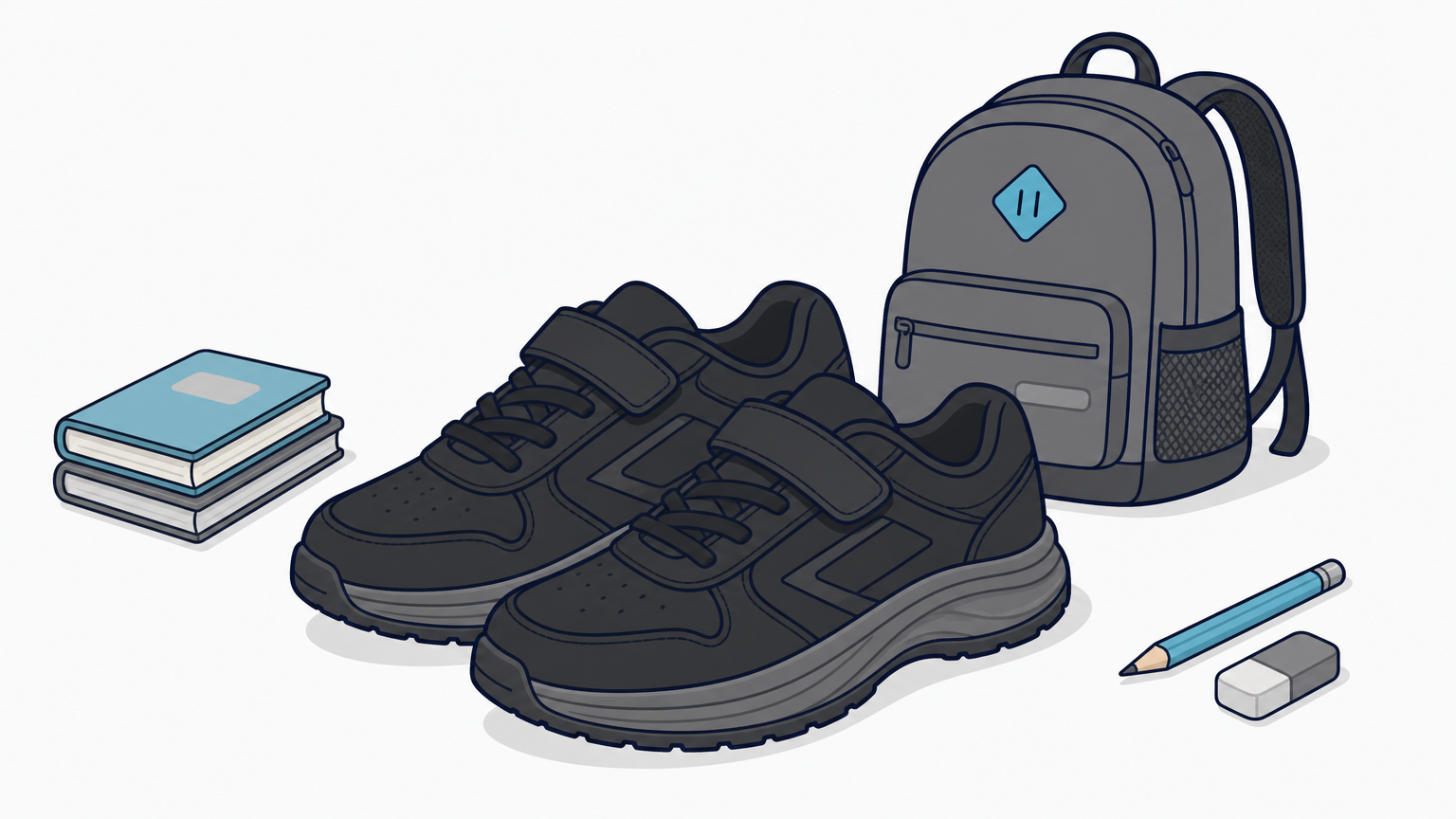 A pair of black leather sport-style school shoes with thick midsoles in front of a school backpack.