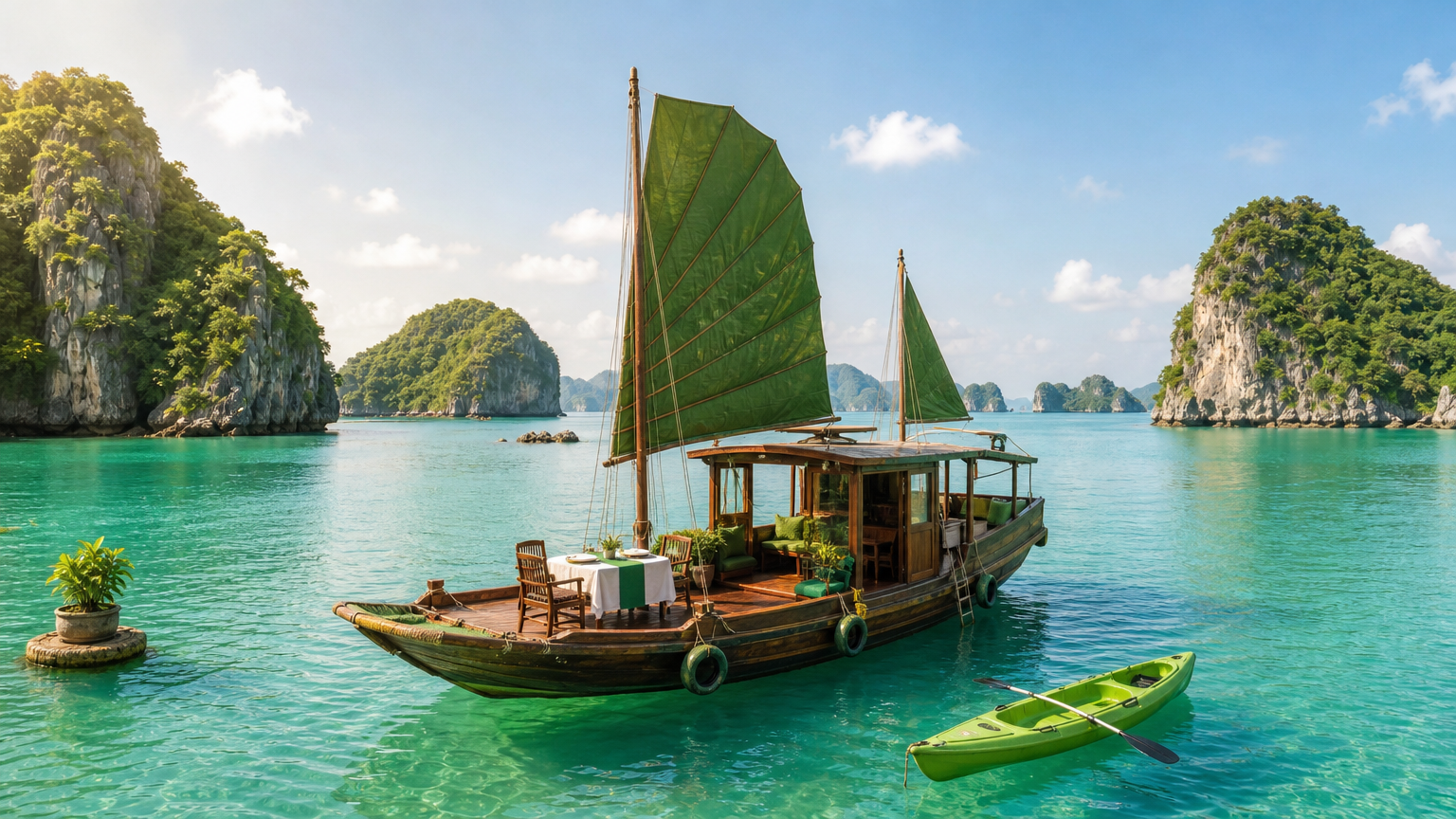 15316 jonque en baie de lan ha | agence locale Vietnam Agenda Tour Une petite jonque en bois entourée d'îlots calcaires, avec un kayak à côté et une table dressée sur le pont.