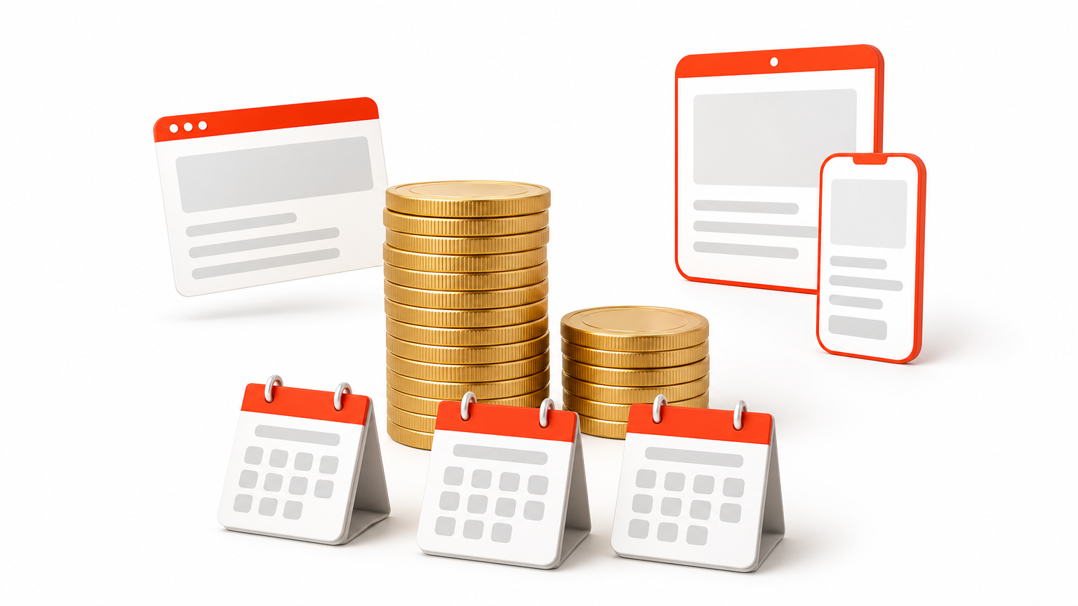A tall coin stack beside a shorter one, with three calendar pages in front.