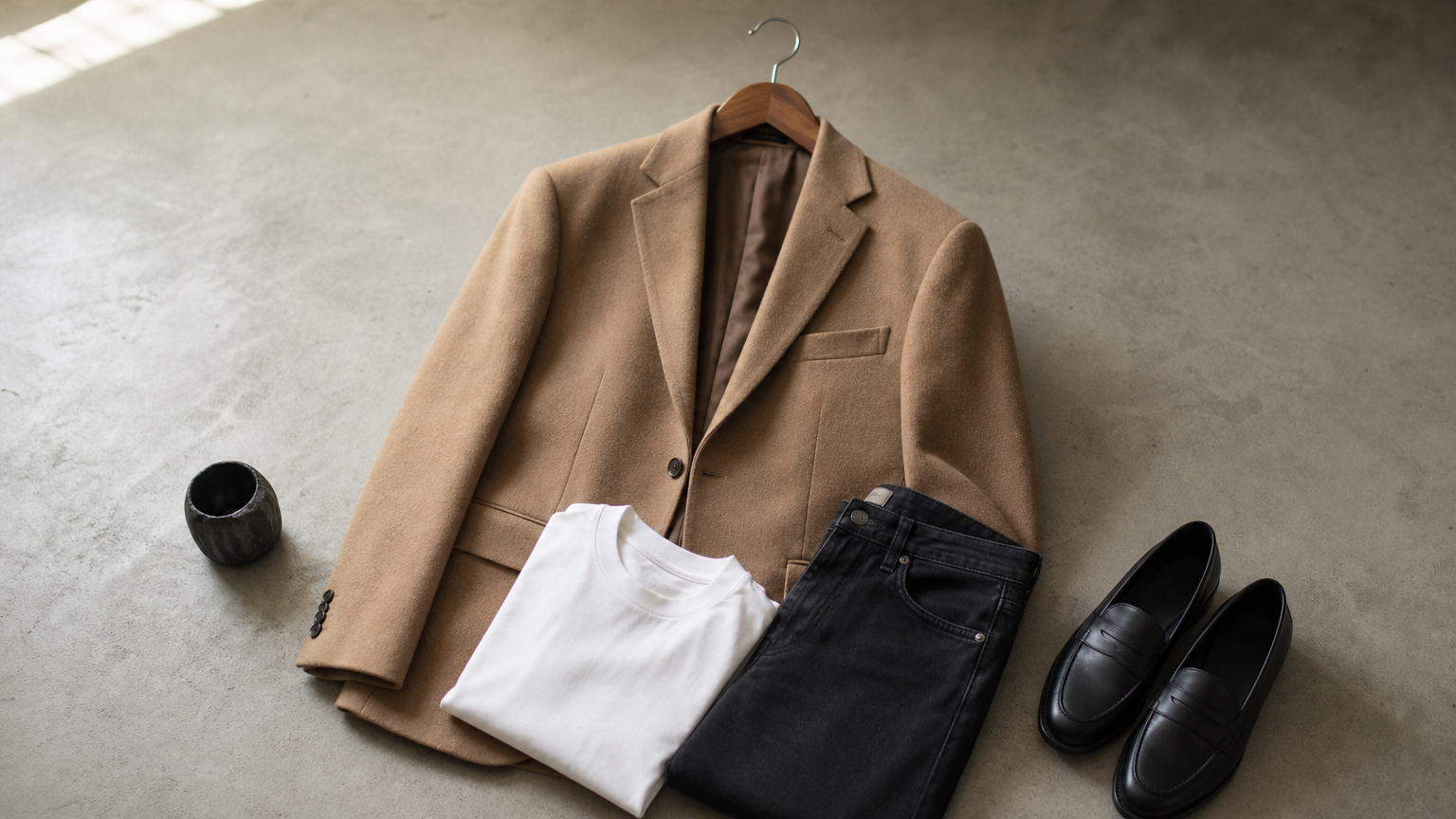 A camel blazer on a hanger with a white tee, dark jeans and black loafers.