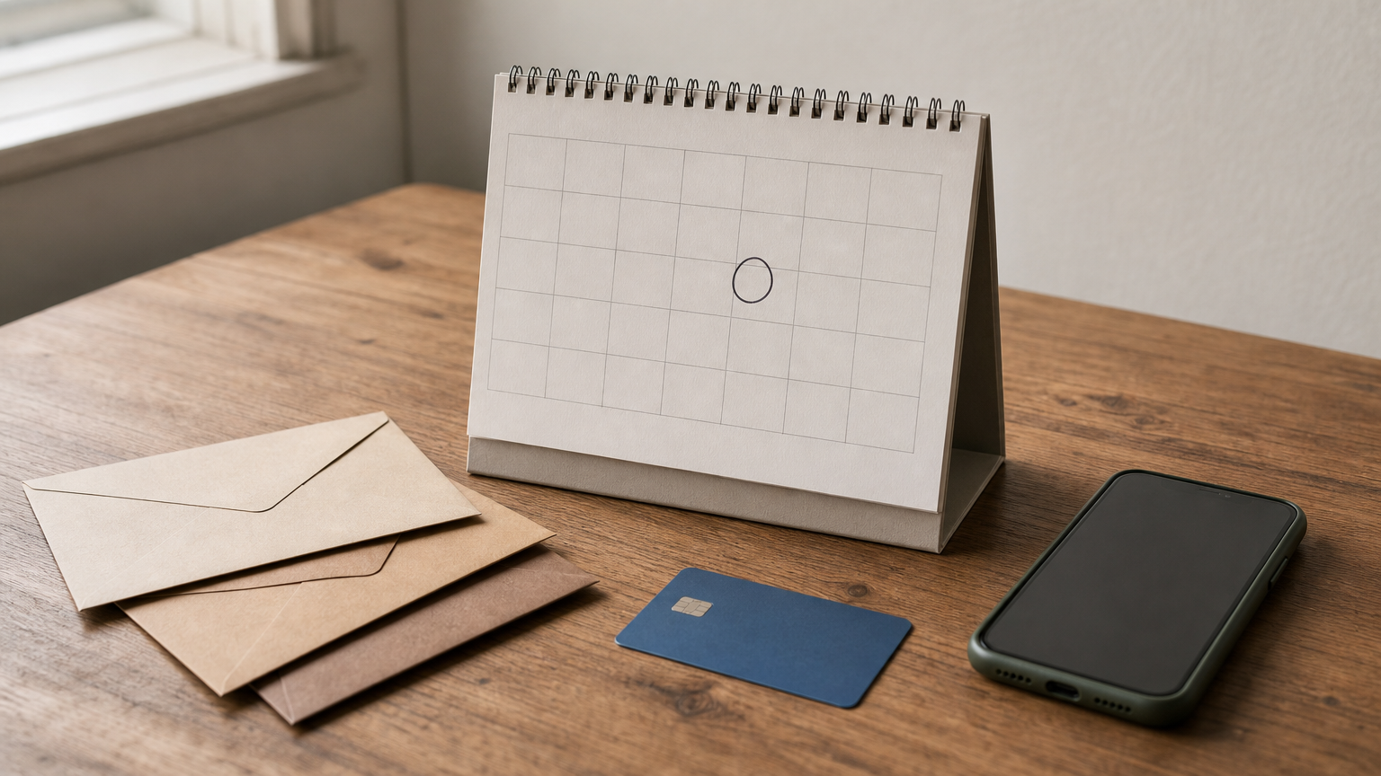 A desk calendar with a circled date, three envelopes, a credit card, and a smartphone.