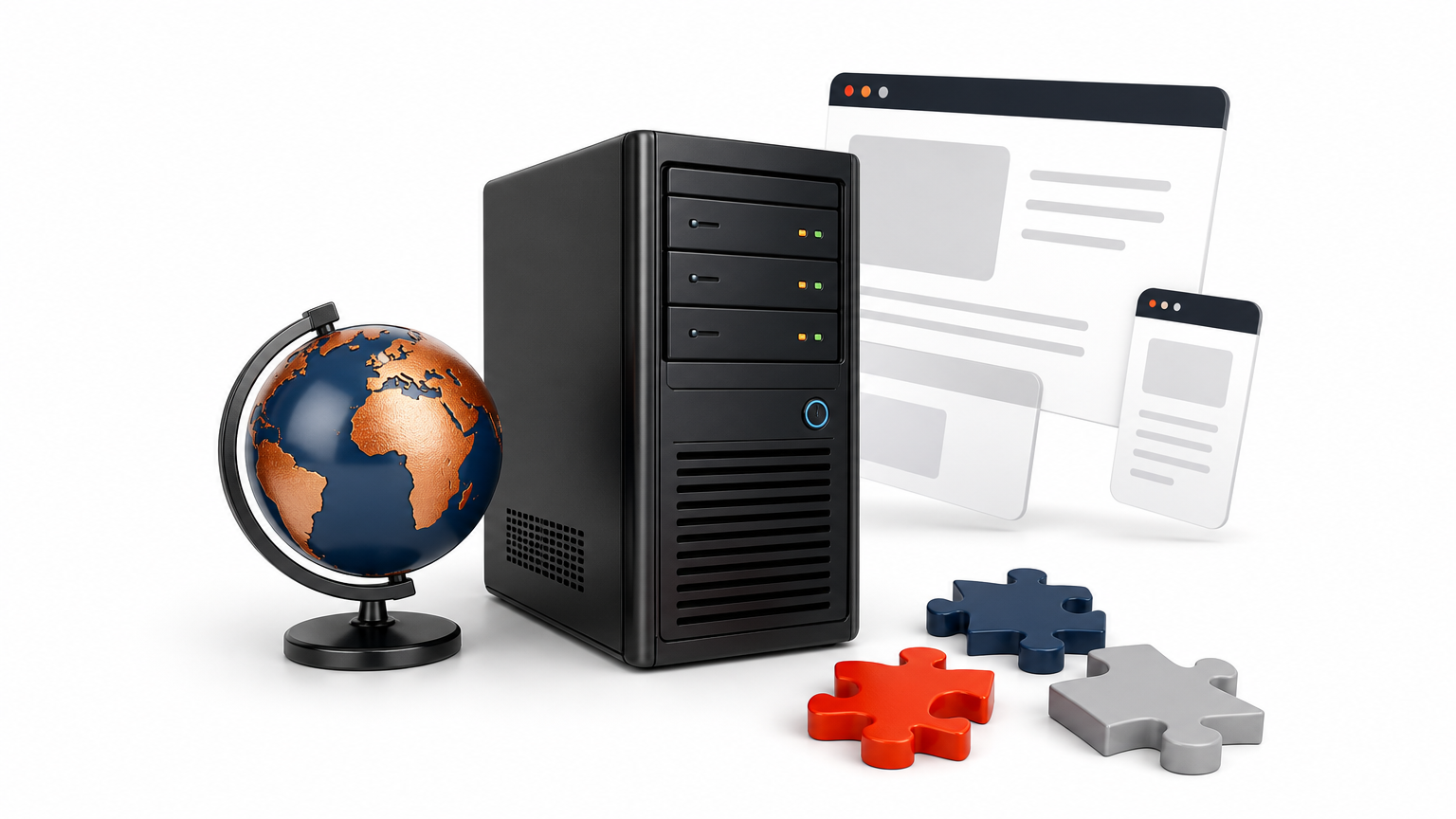 A small server tower beside a globe ornament and three jigsaw puzzle pieces.
