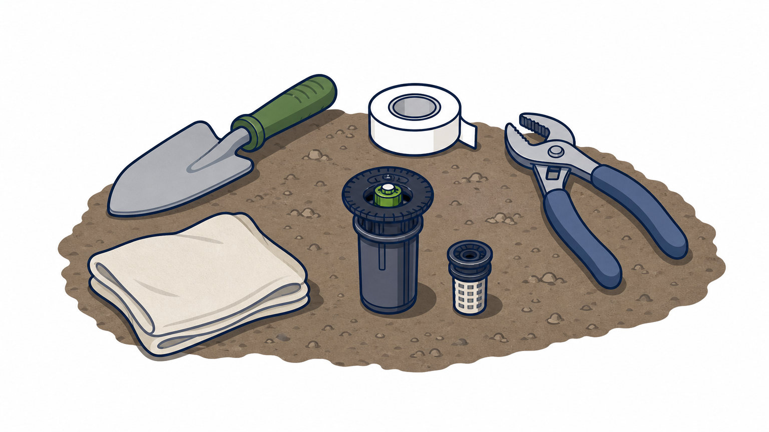 Trowel, plumber's tape, pliers, rag, and a new sprinkler head arranged together on soil.