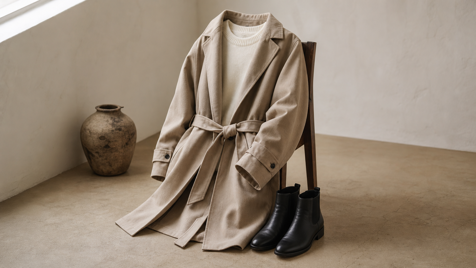 A stone trench coat with a belt, a cream sweater and black ankle boots.