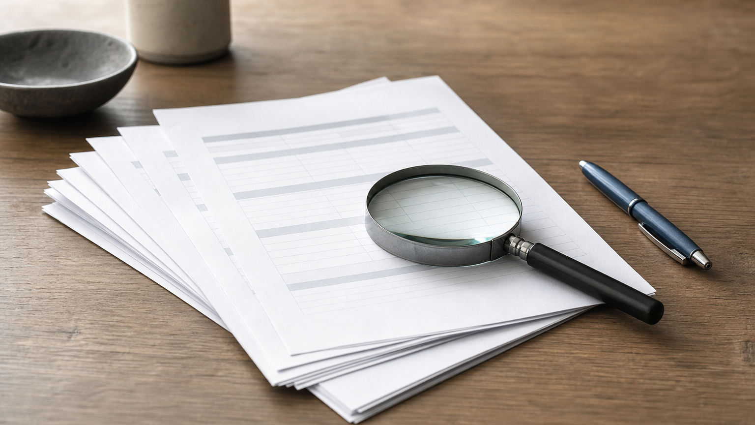 Printed credit report pages with a magnifying glass over one line and a pen next to them.