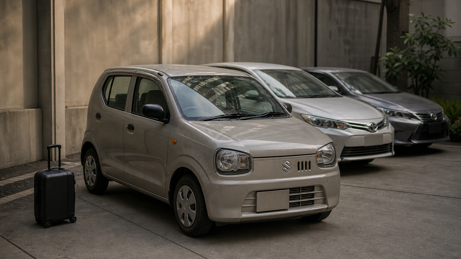 A Suzuki Alto, a Toyota Corolla and a Toyota Yaris parked together with a small suitcase.