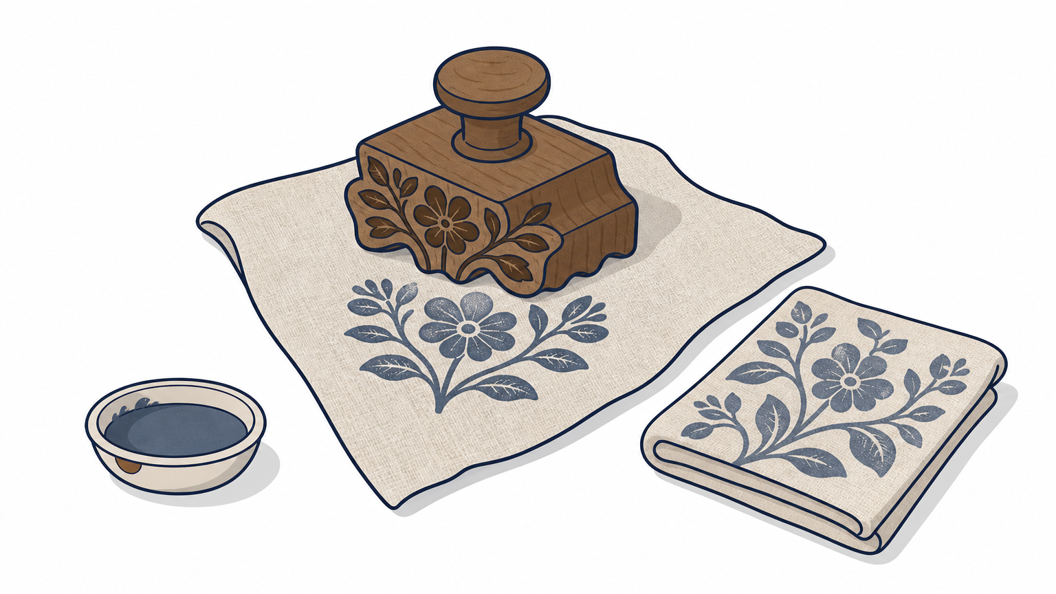A carved wooden block stamping a floral pattern on linen beside a dye dish and folded cover.