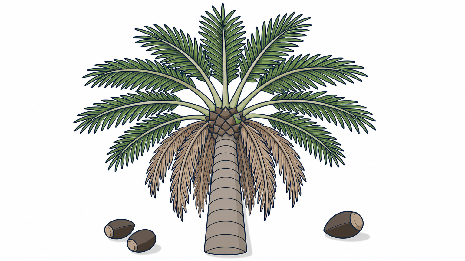 Palm crown with dead brown fronds hanging below healthy green fronds held level.