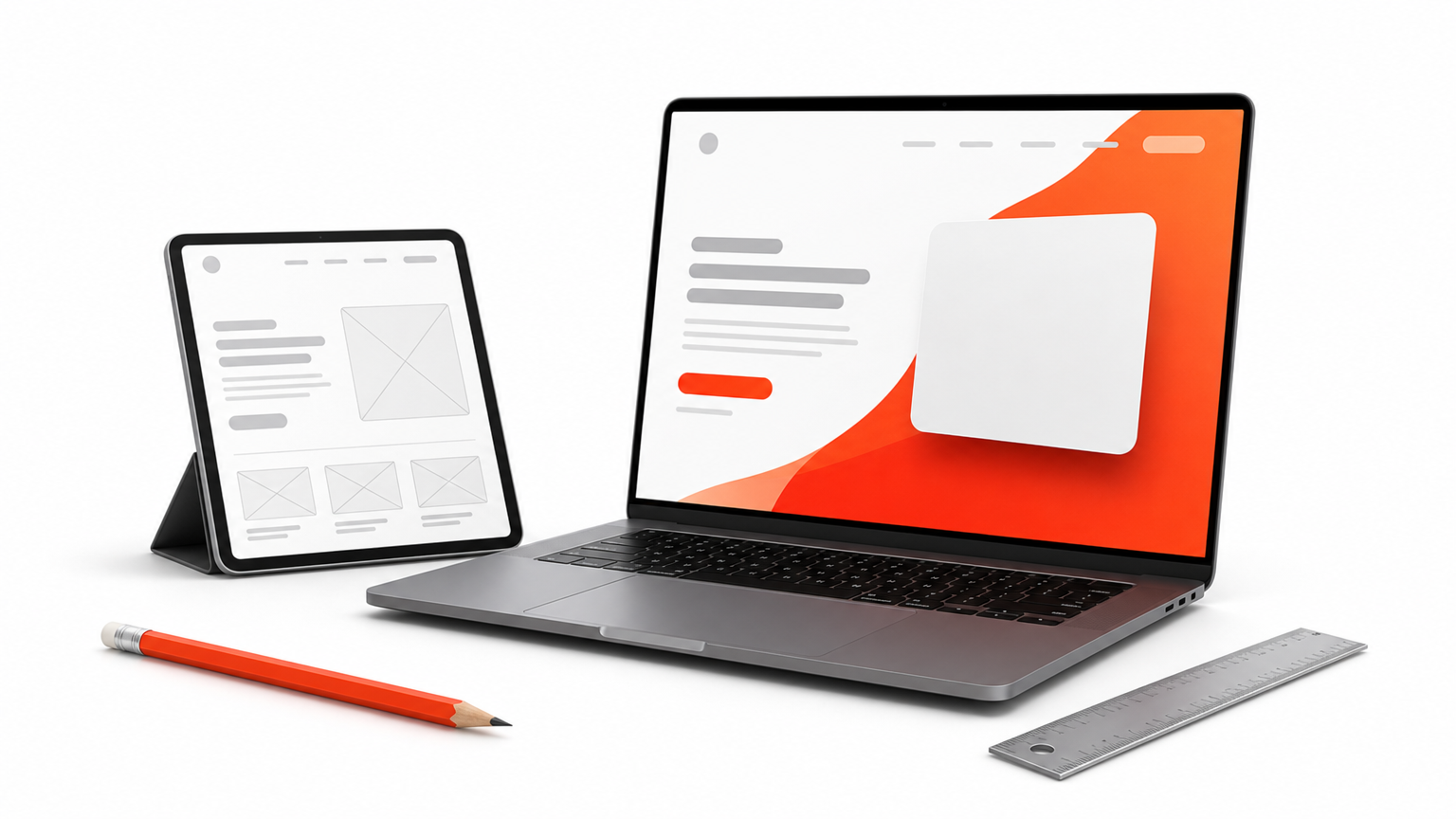 A tablet with a wireframe sketch beside a laptop showing a finished hero section.