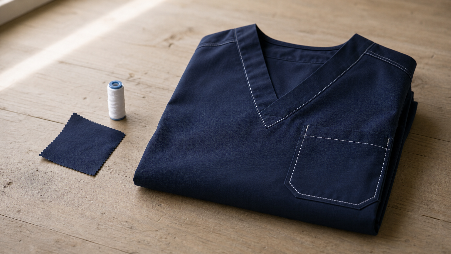 A folded navy scrub top with white pocket stitching beside a fabric swatch and thread.