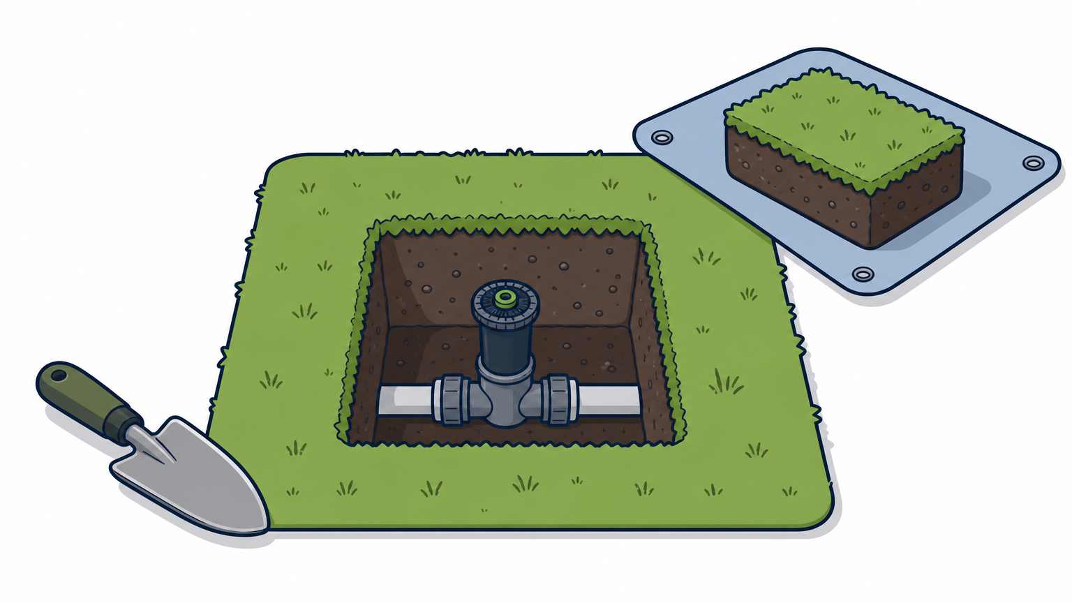 A square hole in the lawn reveals a sprinkler fitting, with the turf block on a tarp.