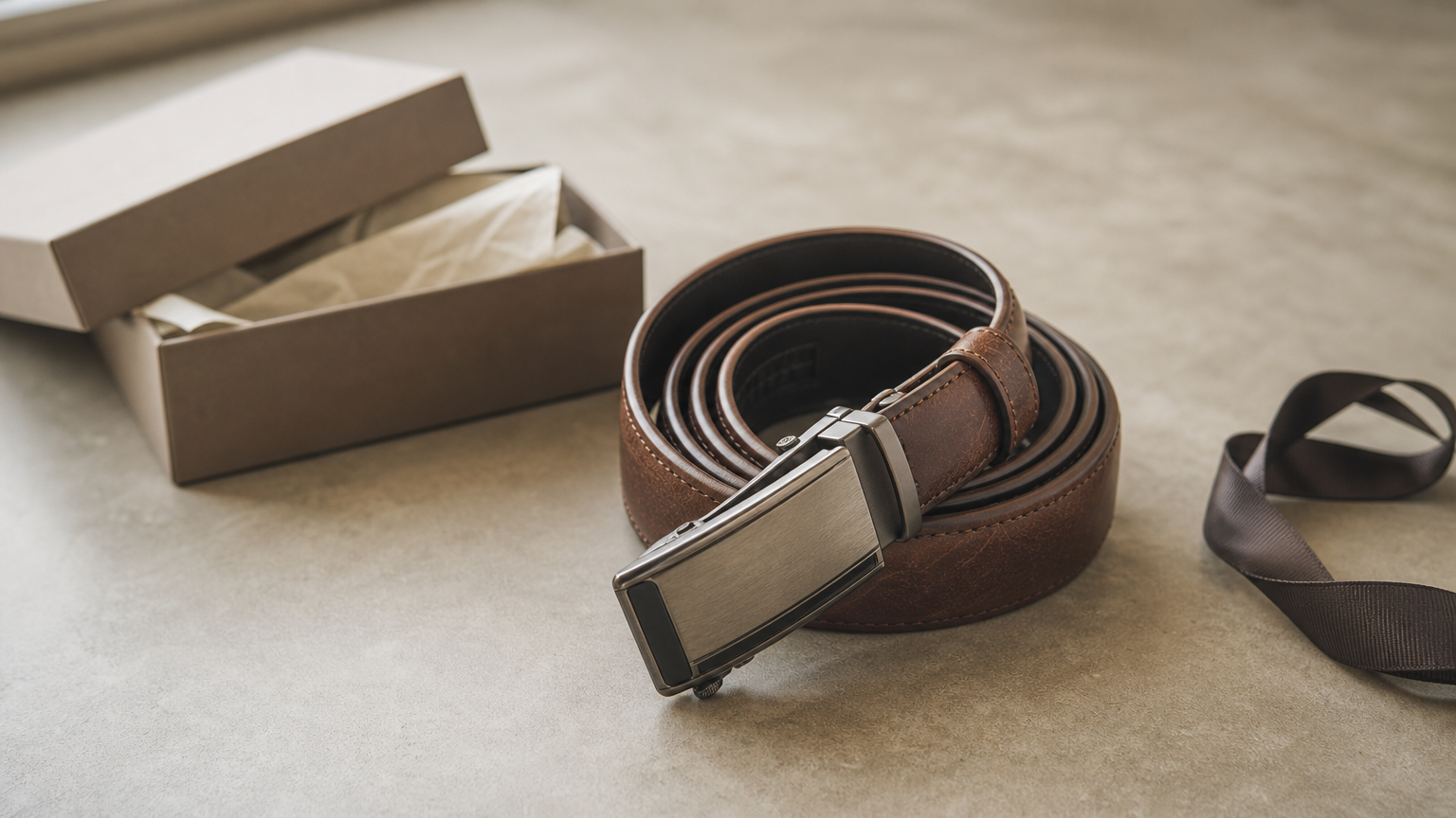 Une ceinture en cuir enroulée avec sa boucle à cliquet, à côté d'un coffret cadeau ouvert.