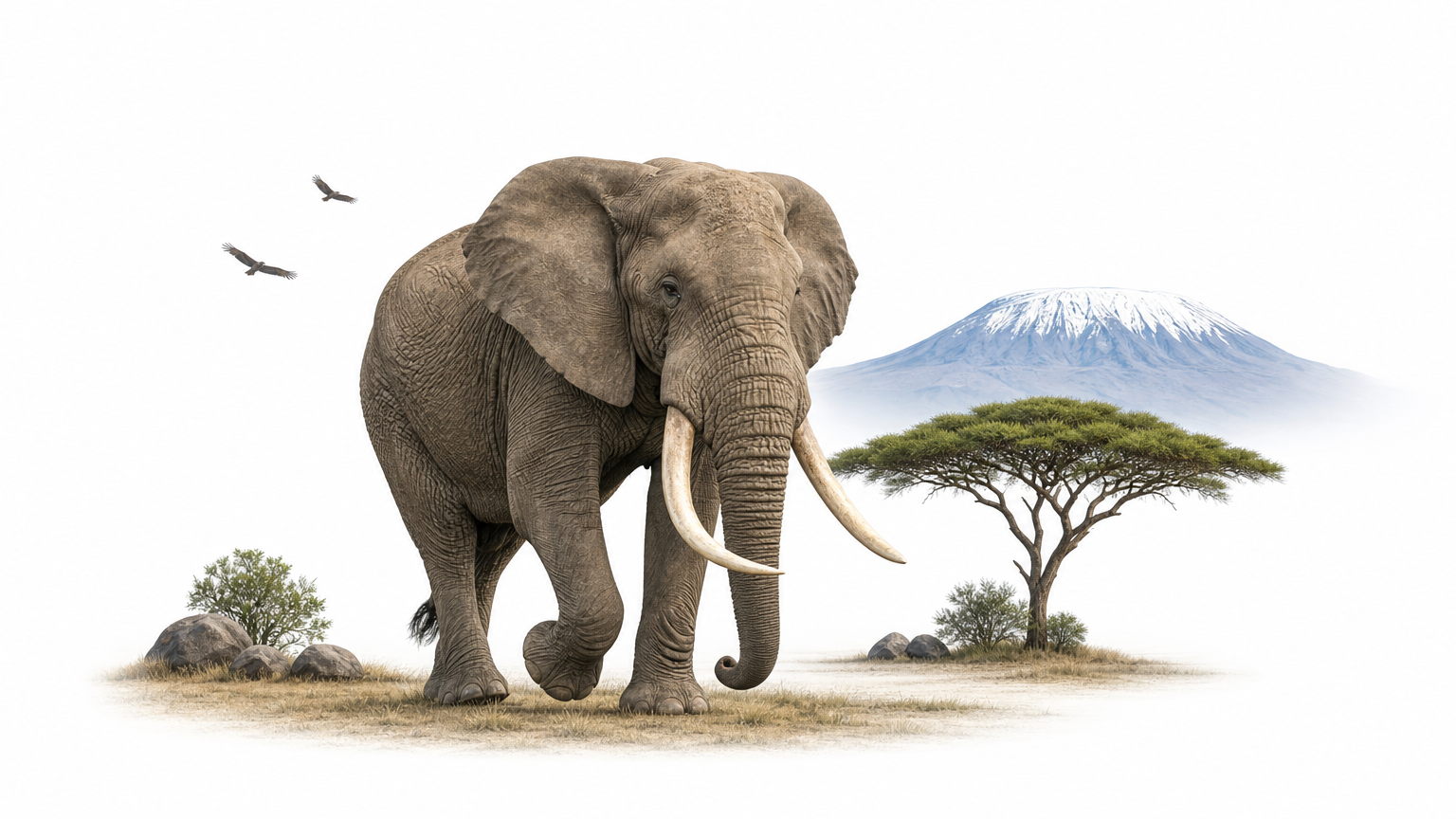 A large tusked elephant on the plain with an acacia tree and Mount Kilimanjaro behind.