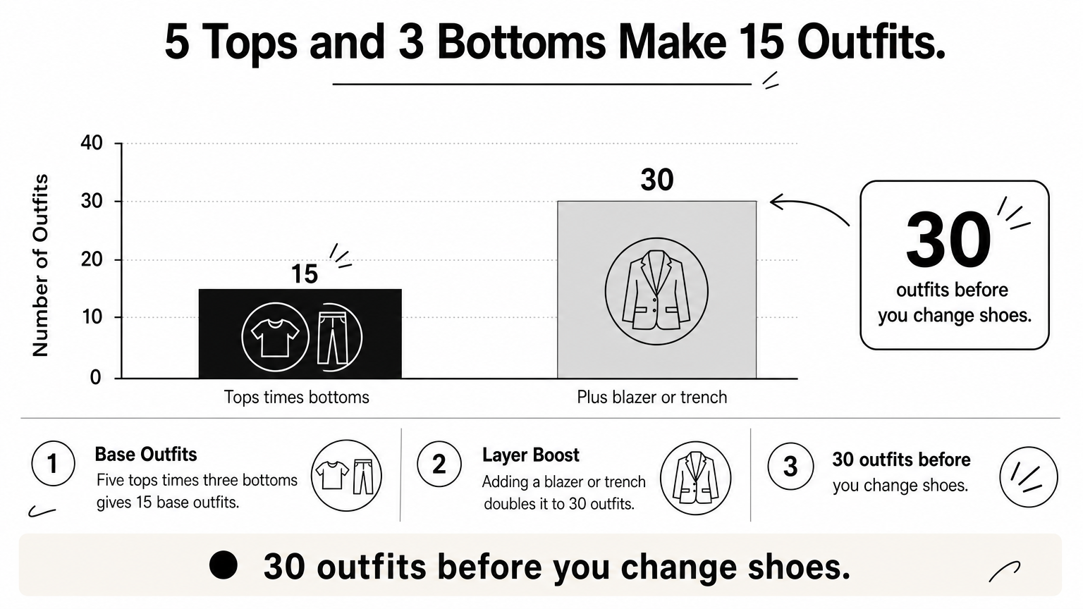 A bar chart showing 15 base outfits rising to 30 with a blazer or trench.