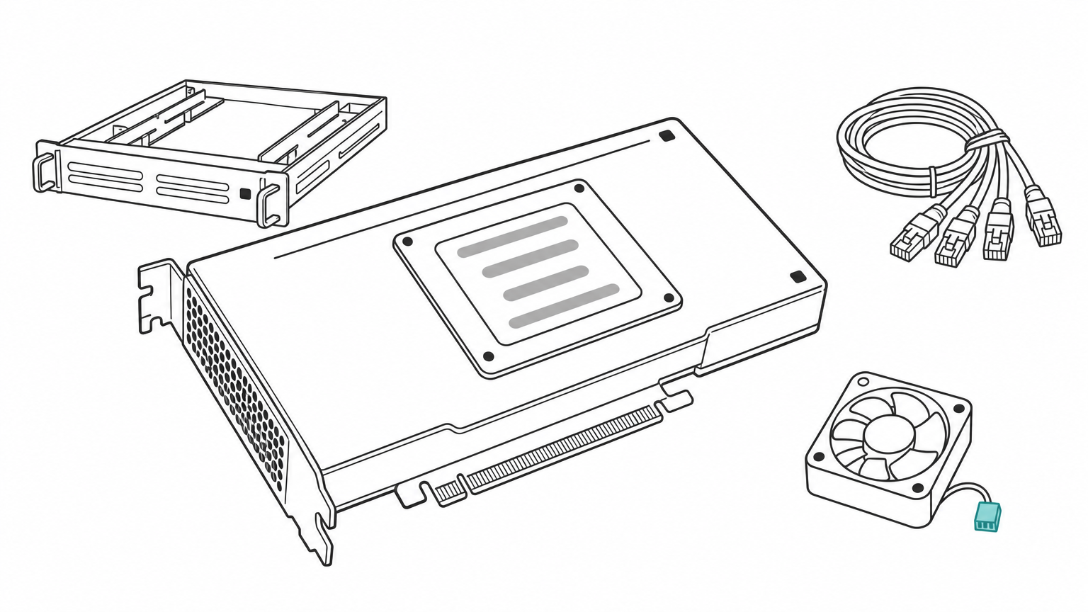 An accelerator chip card on a server rack tray with network cables and a cooling fan.