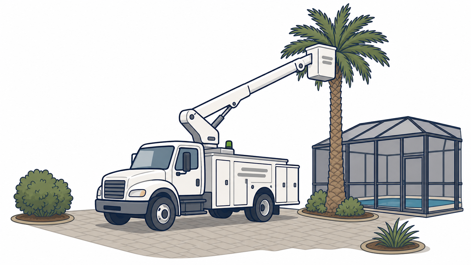 Bucket truck on a driveway with its boom raised toward a tall palm next to a pool enclosure.