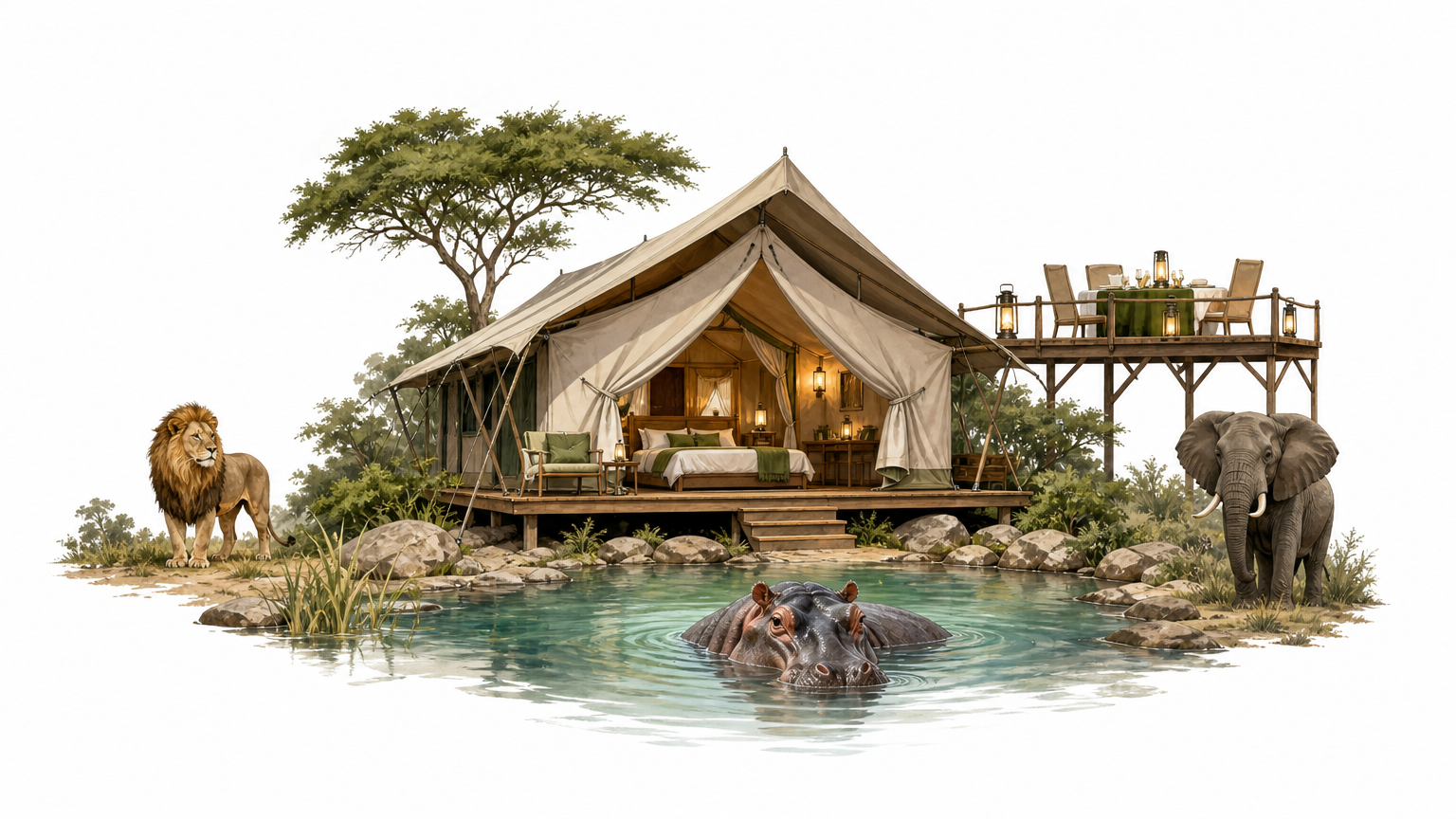 A canvas tent beside a spring with a hippo, and a candlelit rooftop dining table nearby.