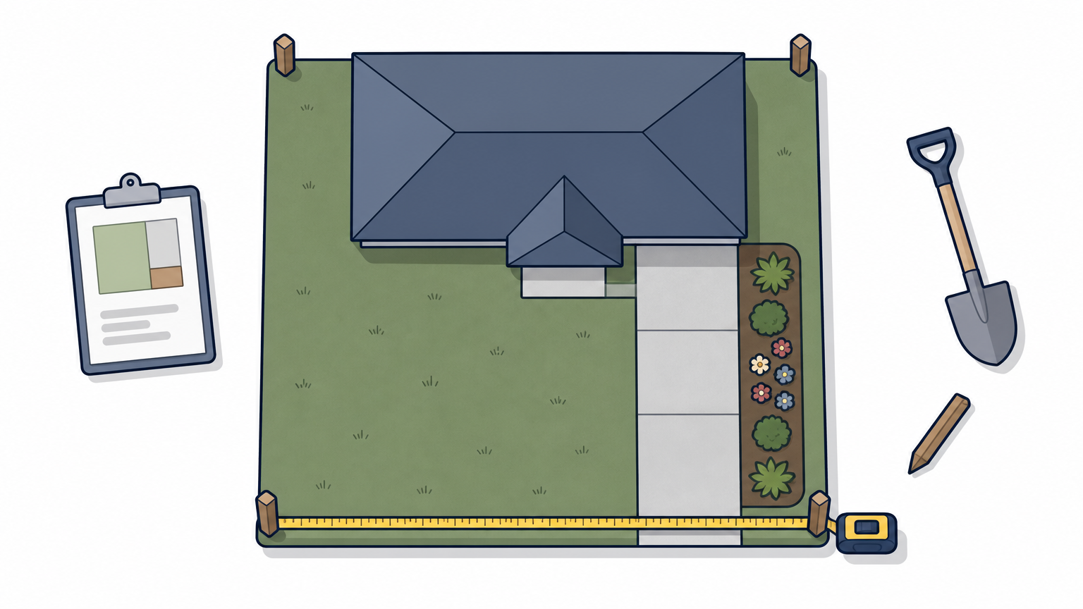 Overhead view of a lawn next to a house and driveway with a measuring tape along its edge.