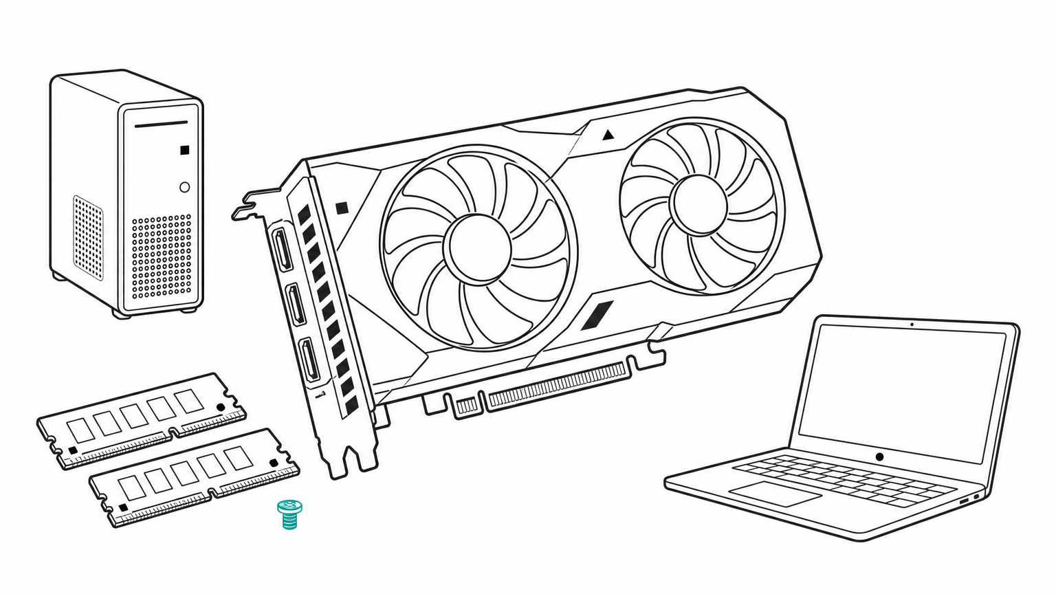A graphics card with memory modules, a tower computer case, and a laptop.