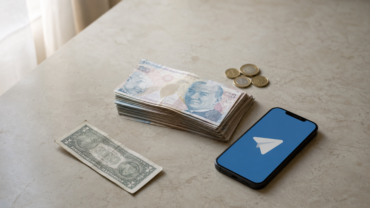 Turkish lira banknotes and coins beside a smartphone and one US dollar bill.