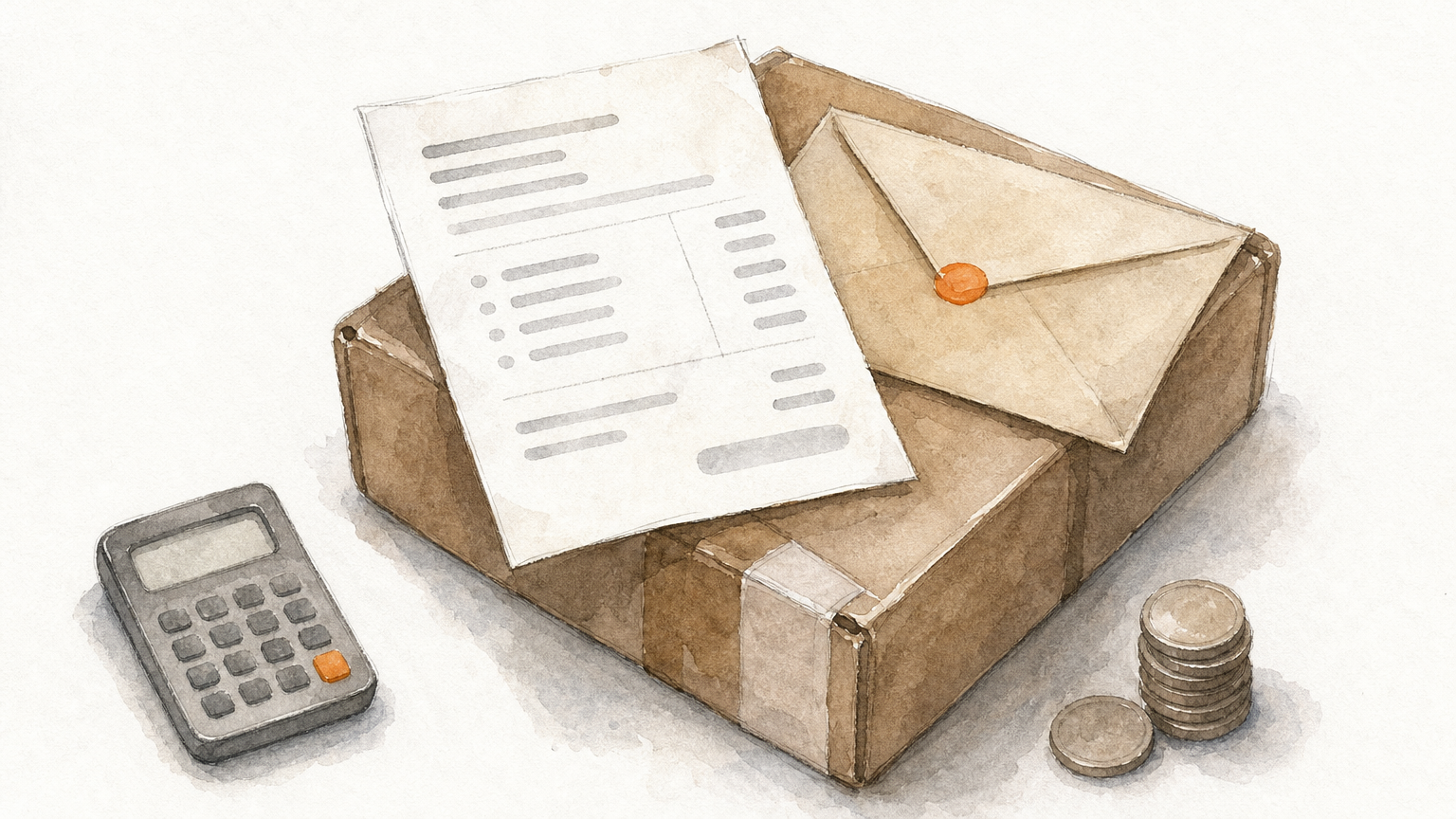 A paper receipt and envelope on a shipping parcel, next to a small calculator and coins.