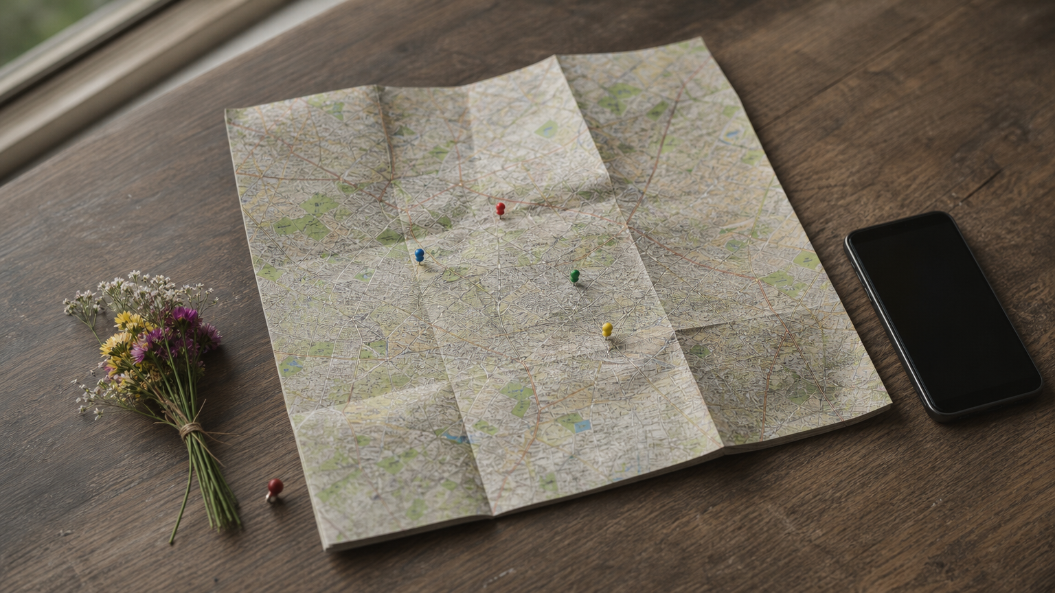 A paper city map with pins, a smartphone and a small flower bouquet.